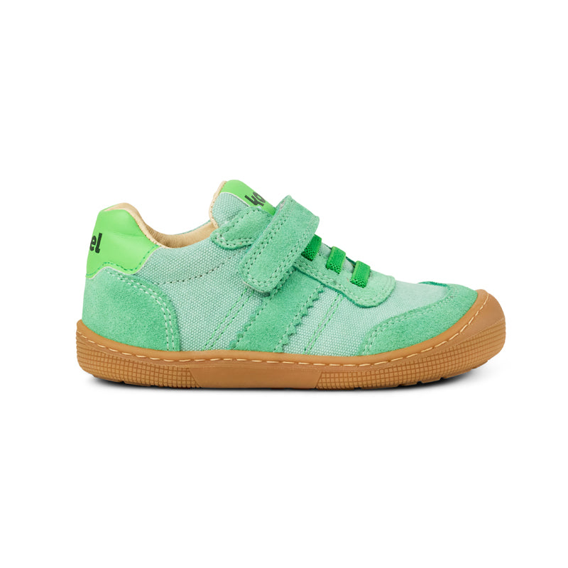 Leichter Kinder-Barfußschuh Koel Dylan Cotton Olive mit Wildleder-Applikationen